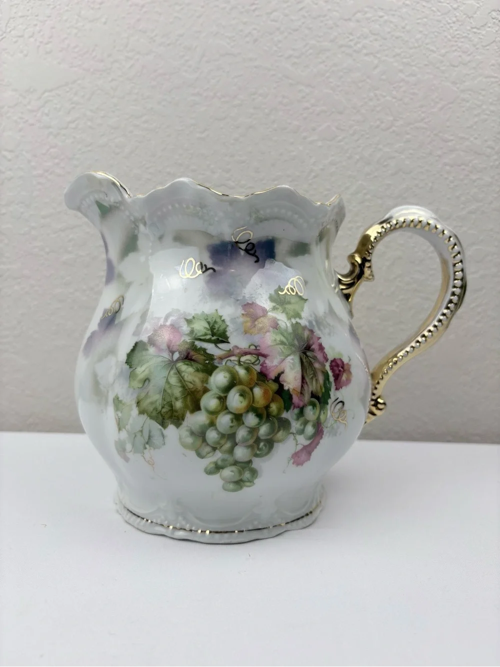 Vintage Leuchtenburg Germany Porcelain Pitcher with Hand-Painted Grapes & Leaves